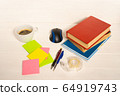 Home office concept. Work from home. Books and cafe cuo on the white wooden background. Side view. 64919743