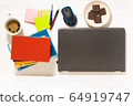 Home office concept. Work from home. Black laptop, books and cafe cuo on the white wooden background. Top view. 64919747