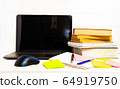 Home office concept. Work from home. Black laptop and books on the white wooden background. Side view.  64919750