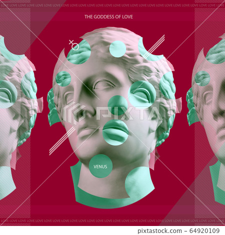 Combination of white and green beautiful young female faces on red background. Antique bust of Venus. The goddess of love. Venus symbol. The symbol for a female organism or woman. 64920109
