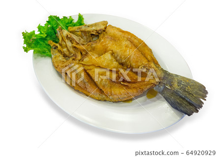 Deep Fried Sea Bass in white background. 64920929