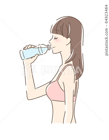一個女人喝寵物瓶裝水的側面 一個女人喝寵物瓶裝水的側面 64923464