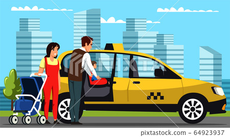 Young family with baby get in taxi cab on street 64923937