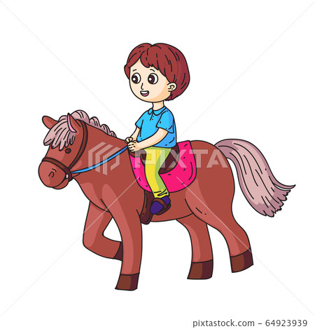 Smiling little boy riding horse isolated on white 64923939