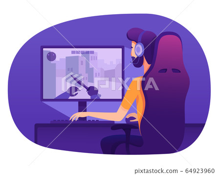 Man in headset playing video game at computer 64923960