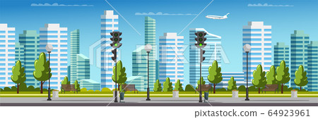 City panorama and crosswalk, traffic light, houses City panorama and crosswalk, traffic light, houses 64923961