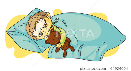 Sick boy with fever lying in bed under blanket 64924004