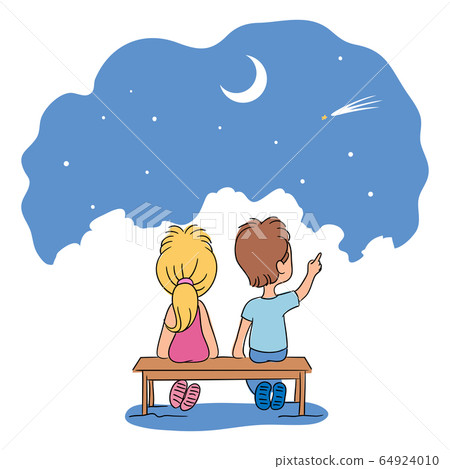Little friends sitting on bench looking at sky 64924010