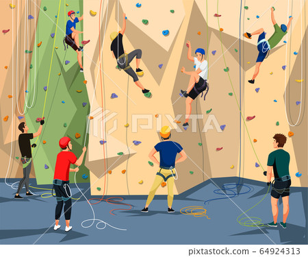 People in sportswear training on climbing wall 64924313