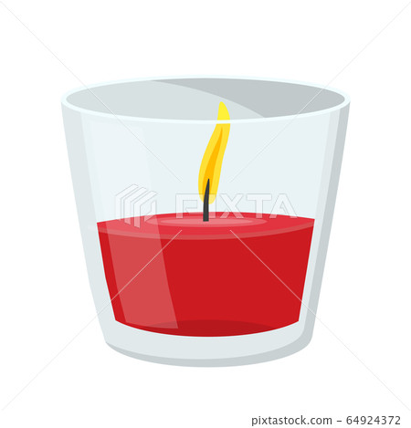 Burning red wax candle in transparent glass jar Burning red wax candle in transparent glass jar 64924372