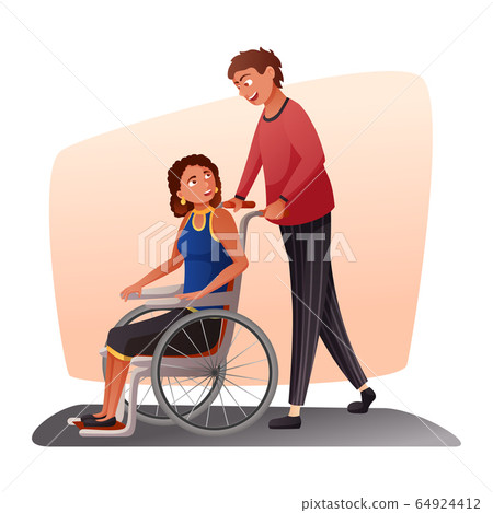 Man strolling disabled woman in wheelchair cartoon 64924412