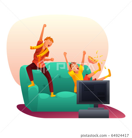 Happy crazy male fans rejoicing at goal scored Happy crazy male fans rejoicing at goal scored 64924417