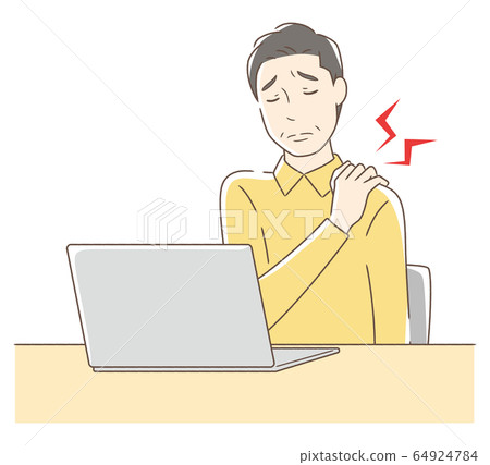 A man with a stiff shoulder in front of his personal computer A man with a stiff shoulder in front of his personal computer 64924784