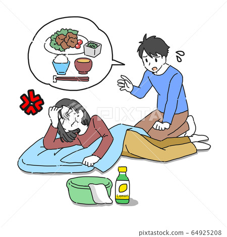 Illustration of a husband worried about his meal than his wife in morning sickness 64925208