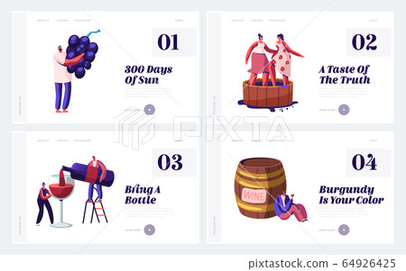 Winemaking Process and Degustation Website Landing Page Set. Winemaker Holding Grapes Bunch, Women Stomping Grape in Barrel, People Tasting Wine Web Page Banner. Cartoon Flat Vector Illustration Winemaking Process and Degustation Website Landing Page Set. Winemaker Holding Grapes Bunch, Women Stomping Grape in Barrel, People Tasting Wine Web Page Banner. Cartoon Flat Vector Illustration 64926425
