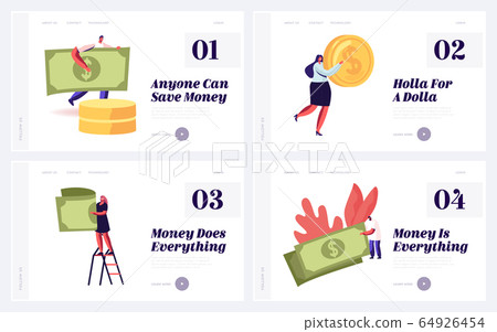 People Earning Saving Money Website Landing Page Set. Tiny Male and Female Characters with Huge Dollar Coin and Banknote. Banking Investment Finance Web Page Banner. Cartoon Flat Vector Illustration 64926454
