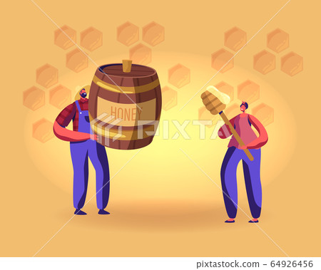 Organic Natural Sweet Food. Beekeeper Character Holding Huge Barrel with Honey. Farmer Extracting Bees Production for Sale. Smiling Woman Holding Huge Honey Dipper. Cartoon Flat Vector Illustration 64926456