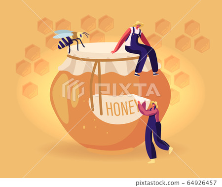 Beekeeping Industry Concept. Tiny Male and Female Beekeepers Characters in Uniform Sitting on Huge Glass Jar with Honey and Bee on Yellow Background with Honeycombs. Cartoon Flat Vector Illustration Beekeeping Industry Concept. Tiny Male and Female Beekeepers Characters in Uniform Sitting on Huge Glass Jar with Honey and Bee on Yellow Background with Honeycombs. Cartoon Flat Vector Illustration 64926457