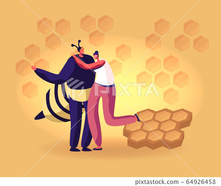Young Woman Hugging Man in Bee Costume on Yellow Background with Honeycombs Pattern. Care of Apis, Beekeeping and Apiary Industry Concept. Organic Food Producing Cartoon Flat Vector Illustration Young Woman Hugging Man in Bee Costume on Yellow Background with Honeycombs Pattern. Care of Apis, Beekeeping and Apiary Industry Concept. Organic Food Producing Cartoon Flat Vector Illustration 64926458