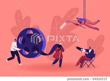 Movie Making Process with Director Using Megaphone and Staff with Professional Equipment for Recording Film. Women Carry Huge Reel Film Bobbin, Girl Hold Microphone Cartoon Flat Vector Illustration 64926537