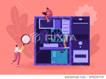 Computer Troubleshooting Fixing Service Concept. Technical Support Girls Working on Repairing Computer Hardware and Software. Women Searching Problem in Pc and Laptop. Cartoon Flat Vector Illustration 64926539