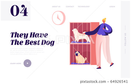 Rehabilitation or Adoption Center for Stray and Homeless Dogs Website Landing Page. Woman Adopting Pet from Animal Shelter or Pound. Owner Animal Help Web Page Banner. Cartoon Flat Vector Illustration 64926541