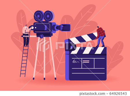 Cinema and Cinematography Industry Concept with Moviemakers and Videocamera. Operator Shooting Scene on Camcorder, Assistant with Clapper Indicating Numbers of Takes Cartoon Flat Vector Illustration 64926543