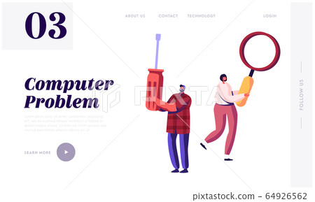 Computer Problems Fixing Service Website Landing Page. Technicians with Screwdriver and Magnifying Glass Repairing Pc Hardware, Searching Breakage Web Page Banner. Cartoon Flat Vector Illustration Computer Problems Fixing Service Website Landing Page. Technicians with Screwdriver and Magnifying Glass Repairing Pc Hardware, Searching Breakage Web Page Banner. Cartoon Flat Vector Illustration 64926562