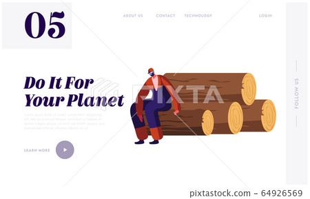 Wood Harvesting, Logging Forestry Industry, Deforestation Process Website Landing Page. Tired Woodcutter Having Break Sitting on Wooden Logs Pile Web Page Banner. Cartoon Flat Vector Illustration 64926569