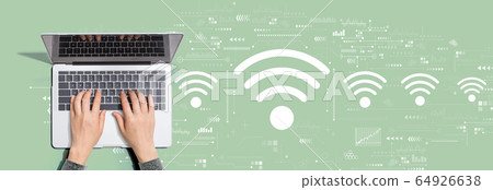 Wifi theme with person using laptop computer Wifi theme with person using laptop computer 64926638