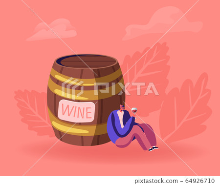 Young Drunk Man Sitting near Huge Wooden Barrel with Wineglass Watching on Red Wine inside and Smiling. Alcohol Addiction, Winery, Degustation of Drink on Wineyard Cartoon Flat Vector Illustration Young Drunk Man Sitting near Huge Wooden Barrel with Wineglass Watching on Red Wine inside and Smiling. Alcohol Addiction, Winery, Degustation of Drink on Wineyard Cartoon Flat Vector Illustration 64926710