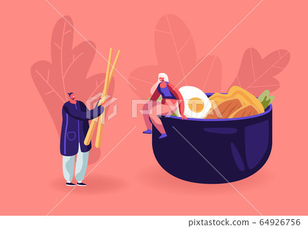 Chinese Food and Asian Gastronomy Concept. Tiny Woman Sitting on Huge Bowl with Meat, Vegetables and Egg. Man Holding Wooden Chopsticks Prepare to Eat Oriental Cuisine Cartoon Flat Vector Illustration 64926756