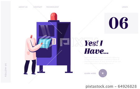 Automation Process on Factory Website Landing Page. Man Worker Stand at Machine Pushing Button Managing Conveyor Belt. Smart Robotics Technologies Web Page Banner. Cartoon Flat Vector Illustration 64926828