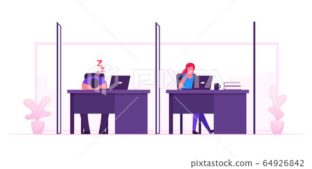 Freelancer Activity in Coworking Space. Characters Work and Rest in Cowork Area with Desks and Computers. Businesspeople Working by Laptop in Creative Shared Workplace Cartoon Flat Vector Illustration 64926842