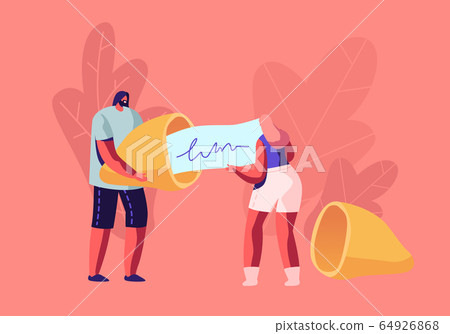 Tiny Man and Woman Holding Huge Fortune Cookie Reading Forecasting on Piece of Paper. Surprised Message inside of Bake. Chinese Traditional Food, Prediction for Future Cartoon Flat Vector Illustration 64926868