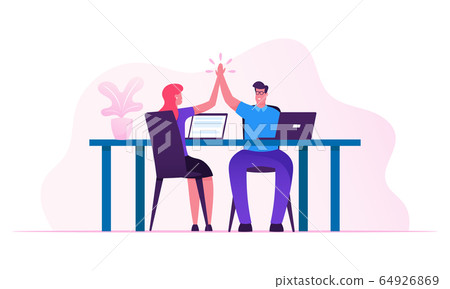 Contract Signing, Triumph and Support Concept.Man and Woman Colleagues Sitting at Desk Giving Highfive to Each Other after Goal Achievement or Successful Business Deal Cartoon Flat Vector Illustration 64926869