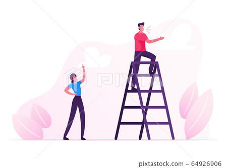 Young Man Stand on Ladder and Yelling, Woman Standing Downstairs with Index Finger Rising Up Managing Process. Social Media Promotion, Businesspeople Call Customers. Cartoon Flat Vector Illustration 64926906