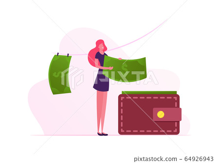 Washing and Drying Money Concept. Woman Put Dollar Banknotes in Wallet after Laundering and Dry on Rope. Illegal Criminal Process in Offshore, Fraud Corruption Scheme. Cartoon Flat Vector Illustration Washing and Drying Money Concept. Woman Put Dollar Banknotes in Wallet after Laundering and Dry on Rope. Illegal Criminal Process in Offshore, Fraud Corruption Scheme. Cartoon Flat Vector Illustration 64926943