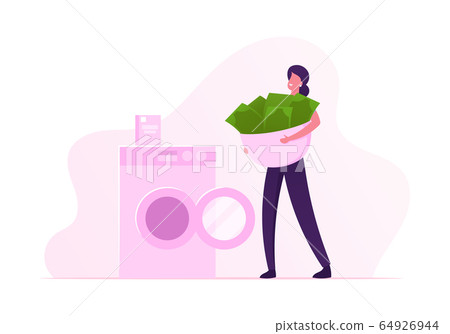Crime, Fraudulent Scheme Concept. Financial Fraud Woman Carry Currency Banknotes in Basin to Washing Machine for Laundering. Corruption, Illegal Business, Dirty Money. Cartoon Flat Vector Illustration 64926944