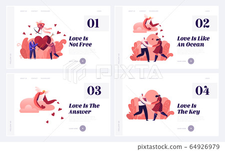 Male and Female Characters Falling in Love Landing Page. Happy Loving Couple in Romantic Relations Share Red Heart 64926979