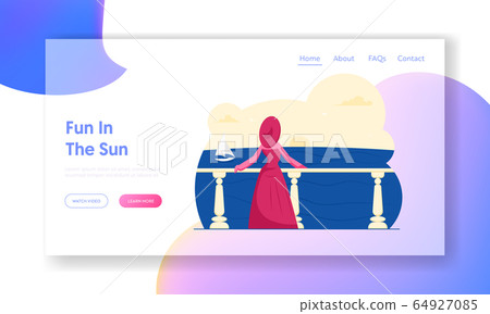 Happy Holiday, Summer Enjoy on Seaside Website Landing Page. Woman in Elegant Gown and Broad-brim Stand on Waterfront Terrace Look at Sea and Sailboat Web Page Banner. Cartoon Flat Vector Illustration 64927085
