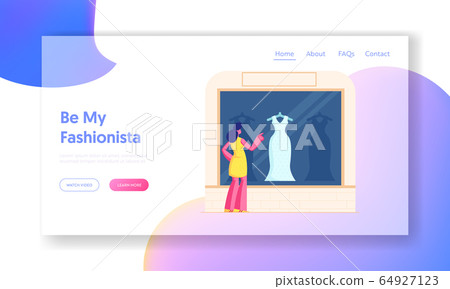 Woman Admire Dress at Apparel Store Showcase Website Landing Page. Young Girl Stand in front of Huge Fashion Shop Window with Mannequin Look on Gown Web Page Banner. Cartoon Flat Vector Illustration 64927123