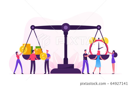 Time is Money Concept. Tiny Businesspeople Characters Put Alarm Clock and Heap of Banknotes and Coins on Huge Scales. Business and Time Management Balance, Planning. Cartoon Flat Vector Illustration Time is Money Concept. Tiny Businesspeople Characters Put Alarm Clock and Heap of Banknotes and Coins on Huge Scales. Business and Time Management Balance, Planning. Cartoon Flat Vector Illustration 64927141