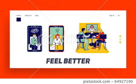 Couple Consulting with Psychologist Online Landing Page. Psychologist Doctor Help Patient to Unravel Tangled Thoughts 64927190
