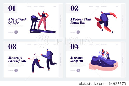 People Training in Sportswear and Sneakers Footgear Website Landing Page Set. Sportsmen and Sportswomen Workout, Healthy Lifestyle in Gym and Outdoors Web Page Banner. Cartoon Flat Vector Illustration 64927273