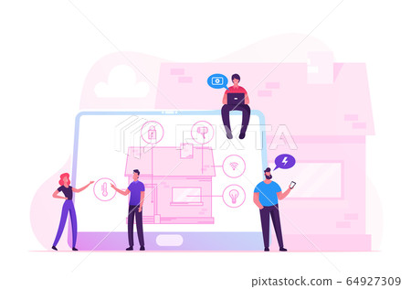 Smart House Concept. People at Huge Laptop with Scheme Home Building with Artificial Intelligence Technology on Screen 64927309