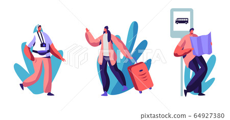 Traveling or Hiking Trip Set. People with Luggage, Photo Camera and Map Traveling Abroad. Travel Agency Service 64927380
