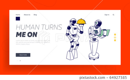 Robots Serving in Hospitality Service and Business Website Landing Page. Cyborgs Holding Tray with Meal and Laptop Robots Serving in Hospitality Service and Business Website Landing Page. Cyborgs Holding Tray with Meal and Laptop 64927385