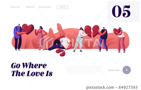 Lovers in End of Loving Relations Website Landing Page. Young Man and Woman Pull Apart Broken Heart Parts 64927393