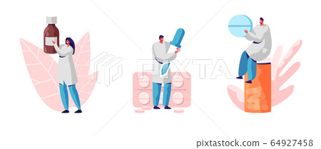 Set of Medics with Medication Isolated on White Background. Male and Female Doctors in Uniform Holding Remedy in Bottle Set of Medics with Medication Isolated on White Background. Male and Female Doctors in Uniform Holding Remedy in Bottle 64927458